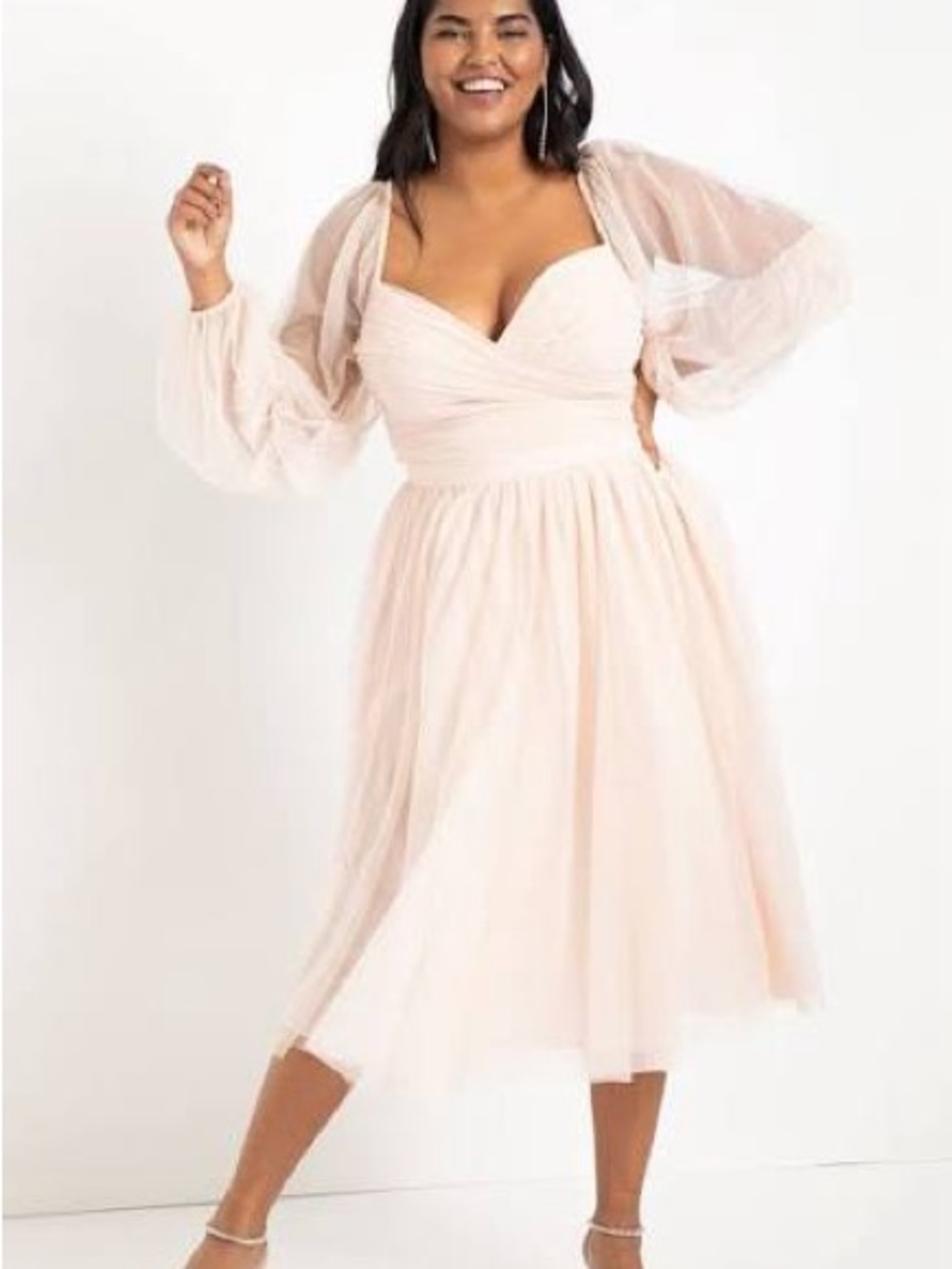 ELOQUII x Nabela Noor Tiered Puff-Sleeve Midi Dress - Blush